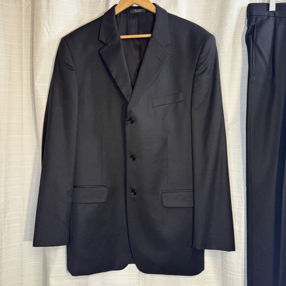 Jones New York Suit Men 44L Black Solid Single Breasted 100%  Wool 36X31 cuffed - Picture 9 of 15